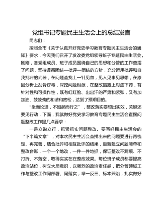 党组书记专题民主生活会上的总结发言