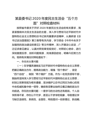 某县委书记2020年度民主生活会“五个方面”对照检查材料
