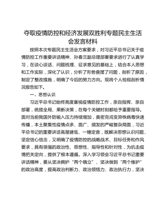 夺取疫情防控和经济发展双胜利专题民主生活会发言材料