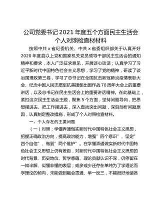 公司党委书记2021年度五个方面民主生活会个人对照检查材材料