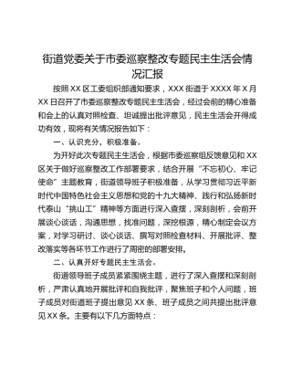 街道党委关于市委巡察整改专题民主生活会情况汇报
