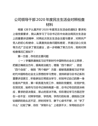 公司领导干部2020年度民主生活会对照检查材料