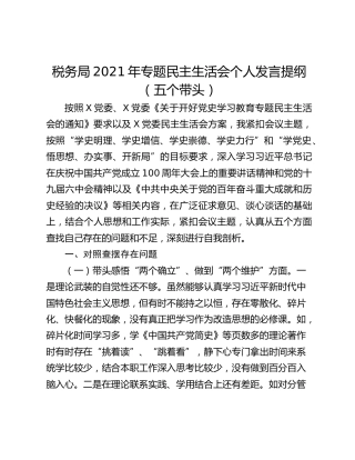 税务局2021年专题民主生活会个人发言提纲（五个带头）