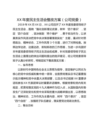 XX年度民主生活会整改方案（公司党委）