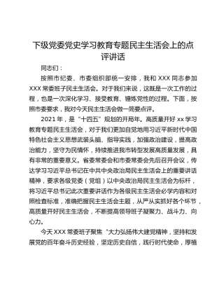 下级党委党史学习教育专题民主生活会上的点评讲话