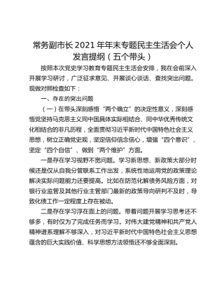 常务副市长2021年年末专题民主生活会个人发言提纲（五个带头）