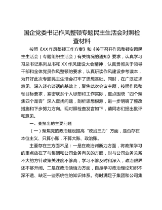 国企党委书记作风整顿专题民主生活会对照检查材料