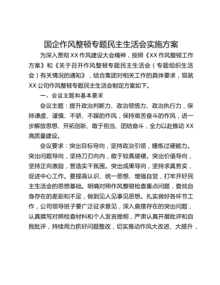 国企作风整顿专题民主生活会实施方案