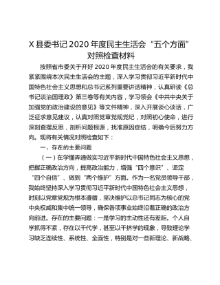 X县委书记2020年度民主生活会“五个方面”对照检查材料