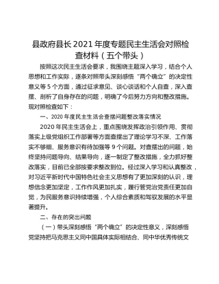 县政府县长2021年度专题民主生活会对照检查材料（五个带头）