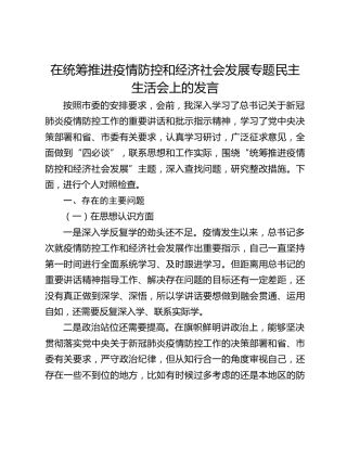 在统筹推进疫情防控和经济社会发展专题民主生活会上的发言
