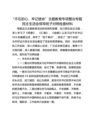 “不忘初心、牢记使命”主题教育专项整治专题民主生活会领导班子对照检查材料（领导班子）