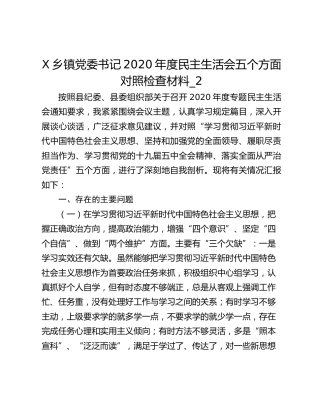 X乡镇党委书记2020年度民主生活会五个方面对照检查材料_2