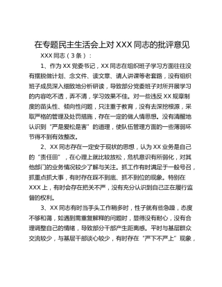 在专题民主生活会上对XXX同志的批评意见