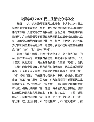 党员学习2020民主生活会心得体会