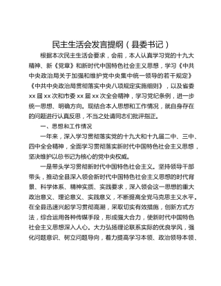 民主生活会发言提纲（县委书记）