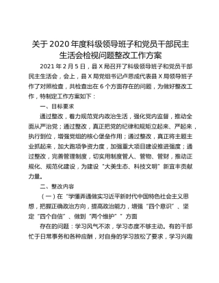 关于2020年度科级领导班子和党员干部民主生活会检视问题整改工作方案