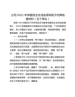 公司2021年专题民主生活会领导班子对照检查材料（五个带头）