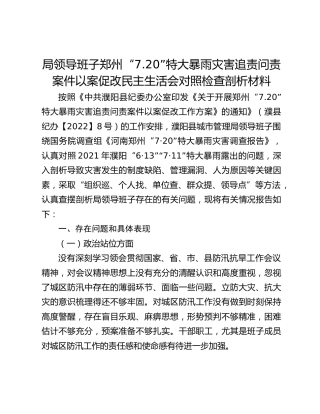 局领导班子郑州“7.20”特大暴雨灾害追责问责案件以案促改民主生活会对照检查剖析材料