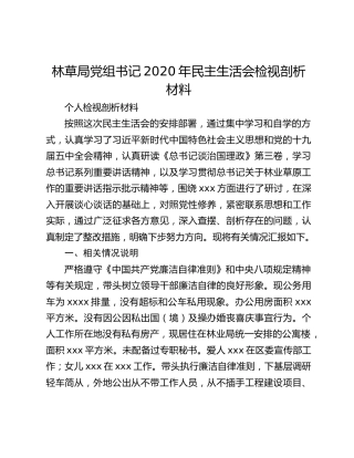 林草局党组书记2020年民主生活会检视剖析材料