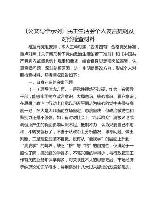 民主生活会个人发言提纲及对照检查材料