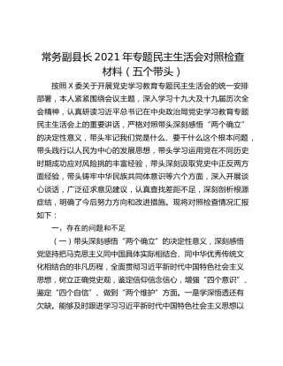 常务副县长2021年专题民主生活会对照检查材料（五个带头）