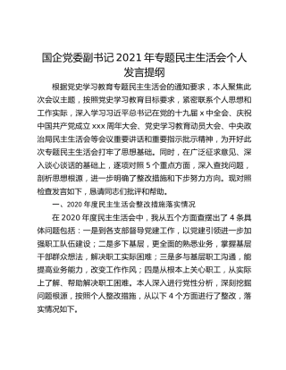 国企党委副书记2021年专题民主生活会个人发言提纲
