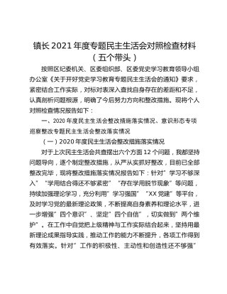 镇长2021年度专题民主生活会对照检查材料（五个带头）