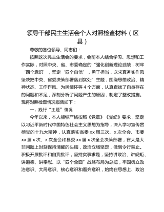 领导干部民主生活会个人对照检查材料（区县）