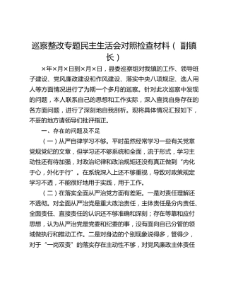 巡察整改专题民主生活会对照检查材料（ 副镇长）