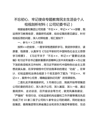 不忘初心、牢记使命专题教育民主生活会个人检视剖析材料（公司纪委书记）