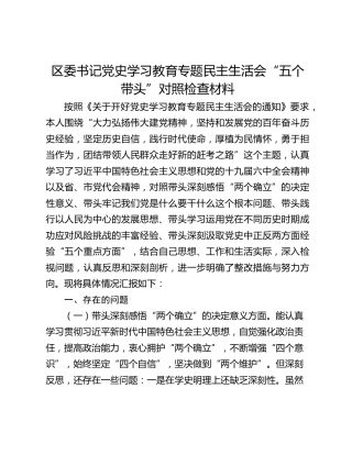 区委书记党史学习教育专题民主生活会“五个带头”对照检查材料