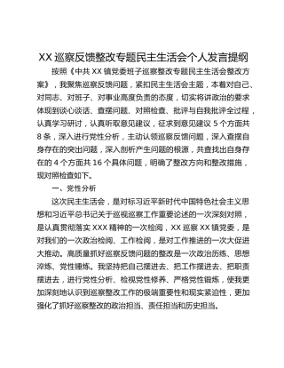 XX巡察反馈整改专题民主生活会个人发言提纲