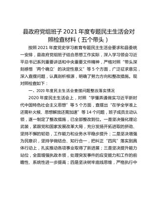 县政府党组班子2021年度专题民主生活会对照检查材料（五个带头）