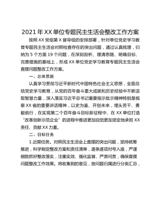 2021年XX单位专题民主生活会整改工作方案