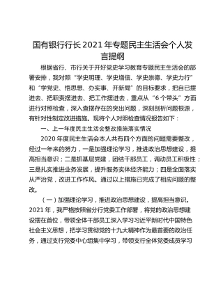 国有银行行长2021年专题民主生活会个人发言提纲