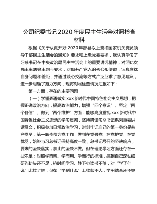 公司纪委书记2020年度民主生活会对照检查材料