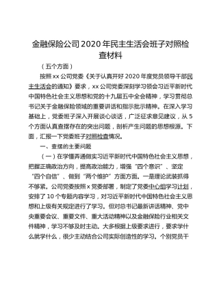 金融保险公司2020年民主生活会班子对照检查材料
