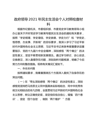 政府领导2021年民主生活会个人对照检查材料
