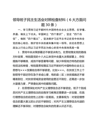 领导班子民主生活会对照检查材料（6大方面问题30条）
