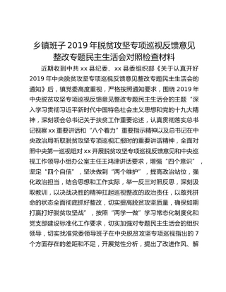 乡镇班子20XX年脱贫攻坚专项巡视反馈意见整改专题民主生活会对照检查材料