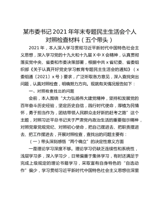 某市委书记2021年年末专题民主生活会个人对照检查材料（五个带头）