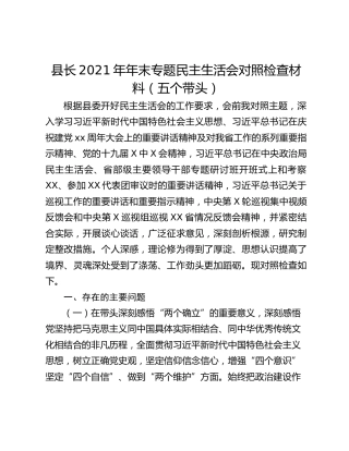 县长2021年年末专题民主生活会对照检查材料（五个带头）