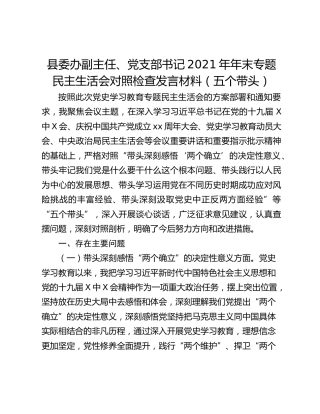 县委办副主任、党支部书记2021年年末专题民主生活会对照检查发言材料（五个带头）