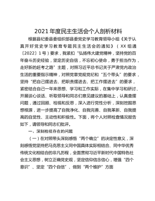 2021年度民主生活会个人剖析材料