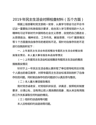 2019年民主生活会对照检查材料（五个方面）