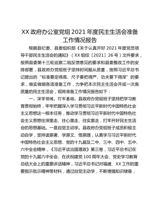 XX政府办公室党组2021年度民主生活会准备工作情况报告