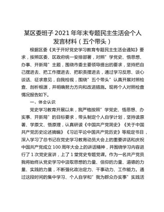 某区委班子2021年年末专题民主生活会个人发言材料（五个带头）