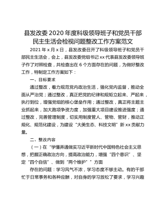 县发改委2020年度科级领导班子和党员干部民主生活会检视问题整改工作方案范文