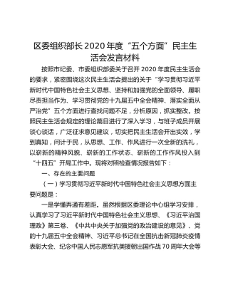 区委组织部长2020年度“五个方面”民主生活会发言材料